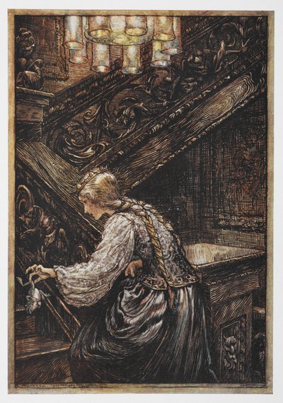 かえるの王子様のカエルを運ぶお姫様。 作： Arthur Rackham