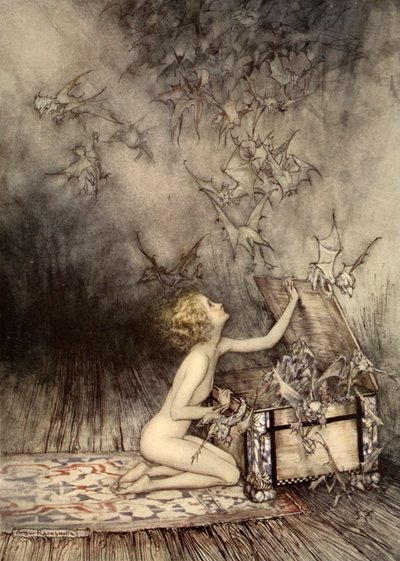 翼を持った生き物の大群が彼女の前を通り過ぎていった。 作： Arthur Rackham