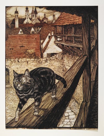 建物の木製レールの上を歩くトラ猫。 作： Arthur Rackham