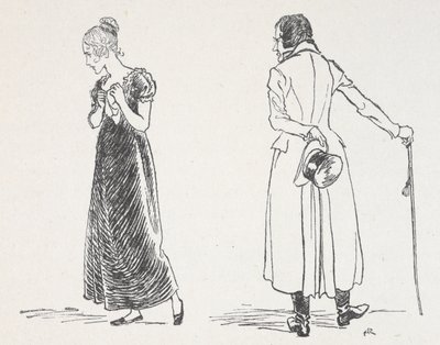 ハンカチを胸に抱えて背を向けた女性が口論している若いカップル 作： Arthur Rackham