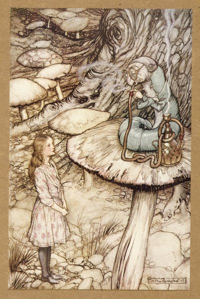 キャタピラーからのアドバイス、不思議の国のアリスアドベンチャー、ルイスキャロル著、pub.1907 作： Arthur Rackham