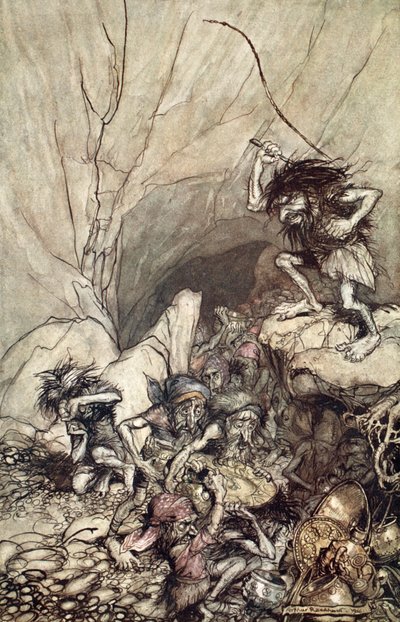 「アルベリヒは金と銀の宝物を持ったニーベルングの一団に乗り込む」、1910年。 作： Arthur Rackham
