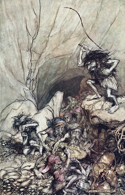 アルベリッヒは、金と銀の宝物を積んだニブルングのバンドを運転します。リーのイラスト 作： Arthur Rackham