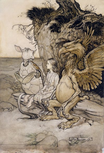 アリスとモックタートル、1907年の不思議の国のアリスアドベンチャーからのイラスト（紙にペンとインクとトイレ） 作： Arthur Rackham