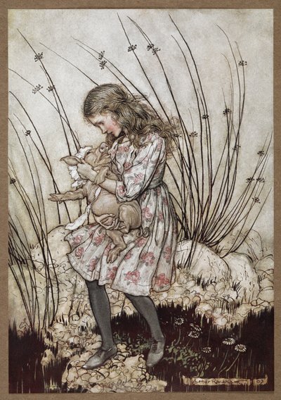 赤ちゃんの格好をしたアリスと豚 作： Arthur Rackham