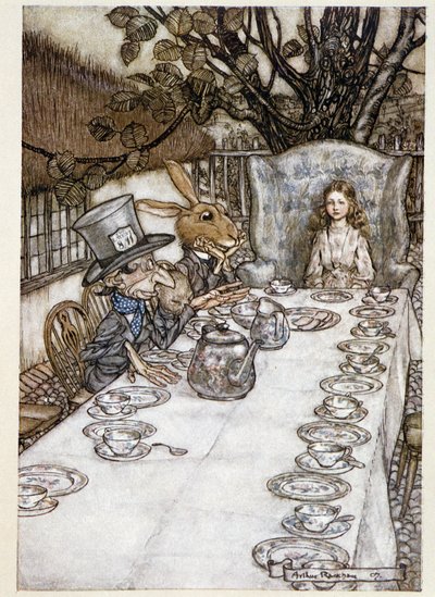 アリスは "in the fools"（帽子屋と火星のリーヴル）を取る-『不思議の国のアリスの冒険』（ルイス・キャロル、アーサー・ラッカム（1867-1939）作）の中で。 作： Arthur Rackham
