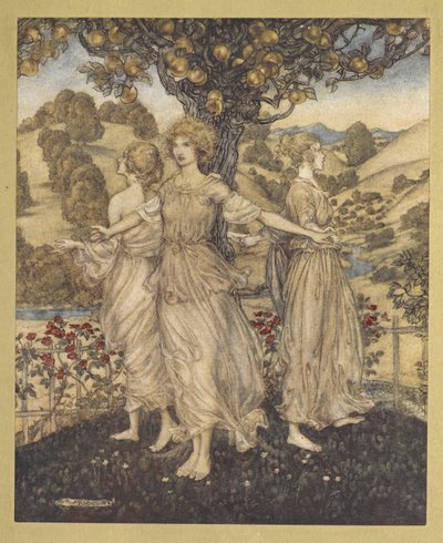 黄金の木について歌っているヘスペロスと彼の3人の娘たちの庭の見本市の真っ只中. 作： Arthur Rackham
