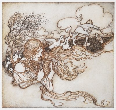 The Goosegirl より、ガチョウで髪をとかしている女の子と背景の男の子のイラスト。 作： Arthur Rackham