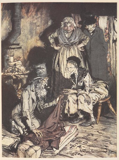 カーテンを提供している男性と一緒に家の中の古い家族 作： Arthur Rackham