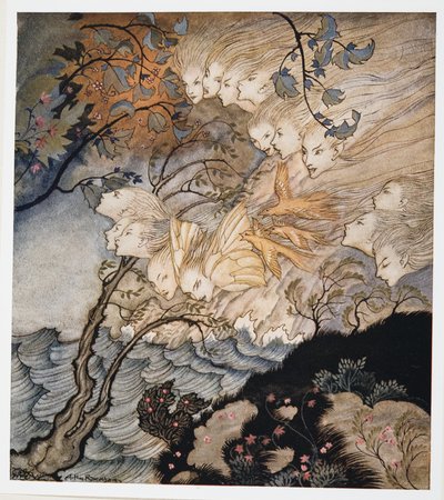 ？。そして時々声、ウィリアムシェイクスピアーザテンペスト、パブからのイラスト。 1926 作： Arthur Rackham