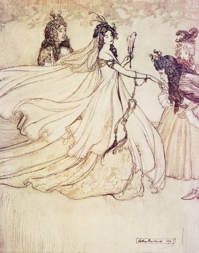 Ashenputtelは、パブのグリム兄弟の童話からボールに行きます。 1909 作： Arthur Rackham