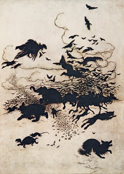 3回目の刺し傷では、フォックスが叫び声を上げ、足の間に尻尾を突き刺しました。 1909 作： Arthur Rackham