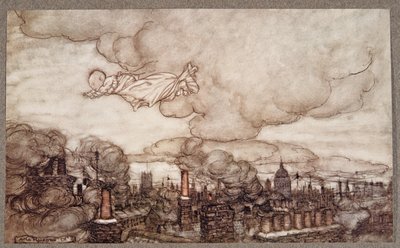 離れて、彼は家の真上を飛んで、JMバリー（1860-1937）によってケンジントンガーデンズのピーターパンからパブに向かいました。 1906 作： Arthur Rackham