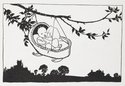 枝にぶら下がっているベビーベッドの赤ちゃん。 作： Arthur Rackham