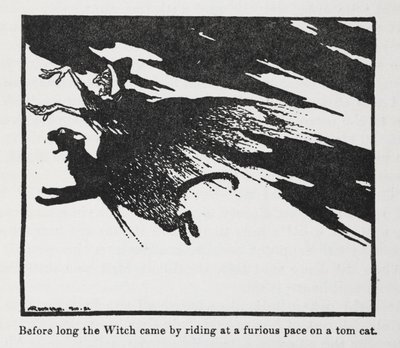 やがて魔女が猛烈な勢いでトムキャットに乗ってやってきた。 作： Arthur Rackham