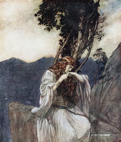 ブリュンヒルデはジークフリートが残した指輪にキスします。ジークフリートとツイットのイラスト 作： Arthur Rackham