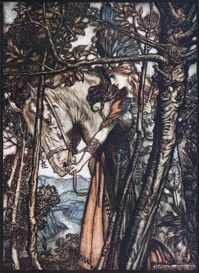 ブリュンヒルデは手綱で馬を先導します。リカによるラインゴールドとヴァルキリーのイラスト 作： Arthur Rackham