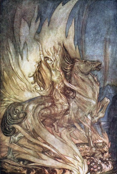 グランのブリュンヒルデがジークフリートの葬儀の火葬場に飛び降りた。ジークフリートとTwのイラスト 作： Arthur Rackham