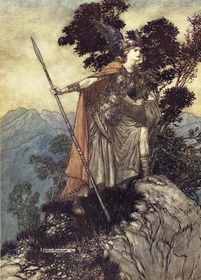 ブランヒルデ。 1910年、リチャードワーグナーによるラインゴールドとヴァルキリーのイラスト 作： Arthur Rackham