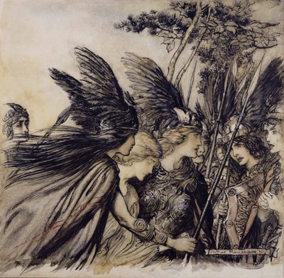 Brunnhilde Implores the Valkyries、The Rhinegold and the Valkyrieのイラスト、リチャードワーグナー著、1910年発行の版（紙、ペン、インク、トイレ） 作： Arthur Rackham
