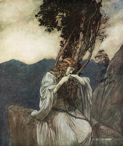 「ジークフリートが残した指輪にキスをするブリュンヒルデ」、1924年。 作： Arthur Rackham