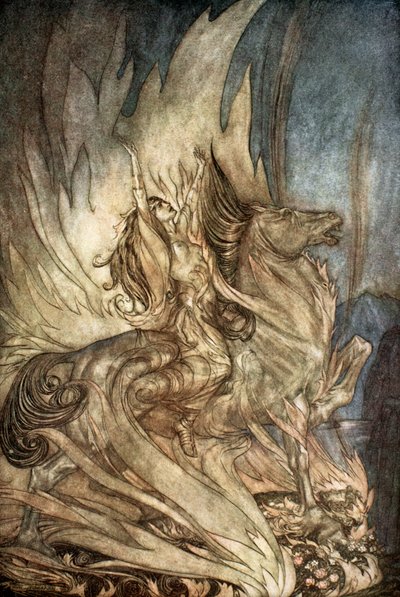 「グラネのブリュンヒルデがジークフリートの葬式の火葬場に飛び乗る」、1924年。 作： Arthur Rackham