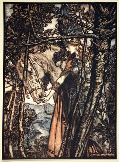 「ブリュンヒルデはゆっくりと静かに馬を洞窟へと導く」、1910年。 作： Arthur Rackham