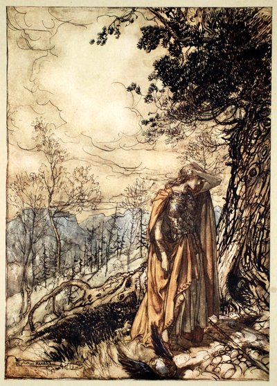 「ブリュンヒルデは長い間立っていて、ぼんやりと警戒している」、1910年. 作： Arthur Rackham