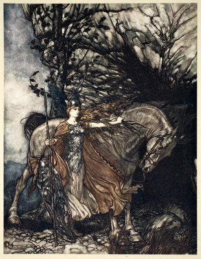 「洞窟の入り口で馬を連れたブリュンヒルデ」、1910年。 作： Arthur Rackham