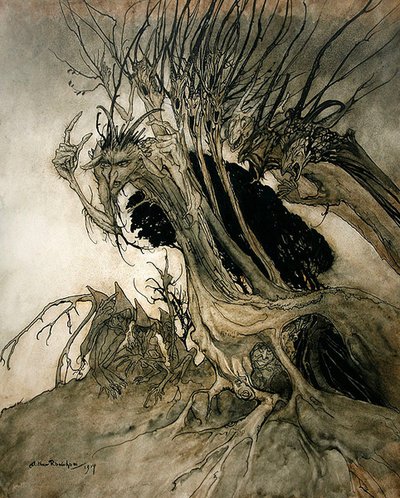 ミルトンの「Comus」から「Calling shapes and beckoning shadows dire」。 作： Arthur Rackham