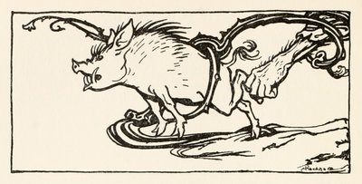 カールはアイルランドのおとぎ話のドラブコートのカールから彼の夕食のイノシシをキャッチ 作： Arthur Rackham