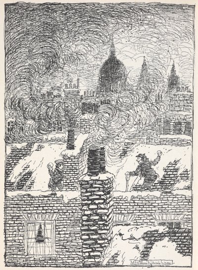 遠くにセント ポール大聖堂のドームが見える夜、雪の屋根の上で遊ぶ子供たち。 作： Arthur Rackham
