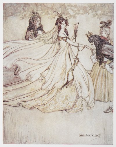 ボール ガウンを着たシンデレラ (アッシェンプッテル)。 作： Arthur Rackham