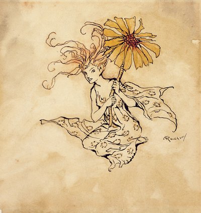 デイジーフェアリー、ケンジントンガーデンズのピーターパンのイラスト、JMバリー作、1912年発行（紙にペン、インク、トイレ） 作： Arthur Rackham