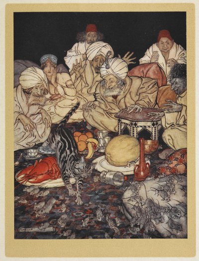 ネズミのキング オブ ザ ムーアズに乗っているディック ウィッティントンの猫。 作： Arthur Rackham