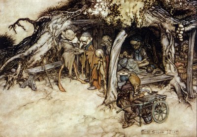 エルフがジャケットを作る、アーサー・ラッカム（1867-1939）によるウィリアム・シェイクスピア作『夏の夜の夢』の挿絵。 作： Arthur Rackham