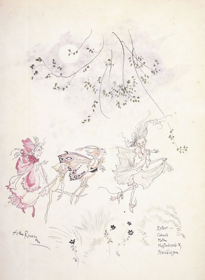 入力：クモの巣、蛾、マスタードシード＆Peaseblossom。シェイクスピアの「真夏の夜の夢」のイラスト、1908年頃 作： Arthur Rackham