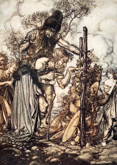 ファフナー「おい！ ここに来て、このおばさんを止めて！」、1910年。 作： Arthur Rackham