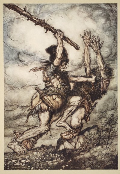 ファフナーがファソルトを殺害、「ラインゴールドとヴァルキリー」のイラスト 作： Arthur Rackham