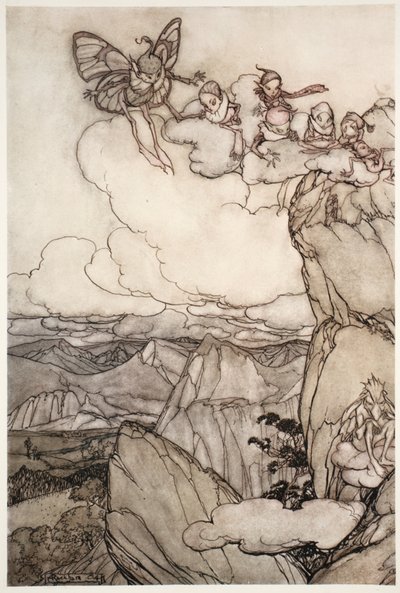 山の妖精、ワシントンアーヴィングのリップヴァンウィンクルのパブ。 1910 作： Arthur Rackham