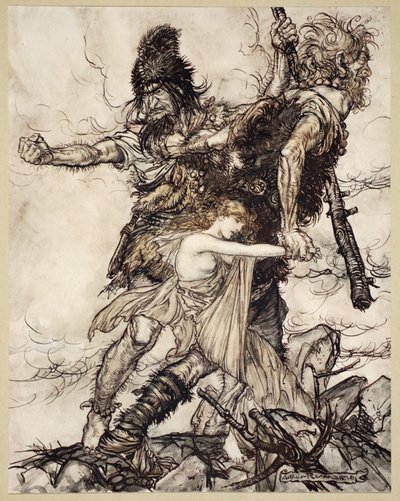 ファソルトは突然フレイアを捕らえ、彼女をファフナーで片側に引きずります。 作： Arthur Rackham