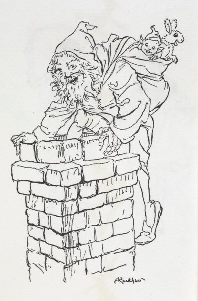 プレゼントを持って煙突に登る父のクリスマス 作： Arthur Rackham