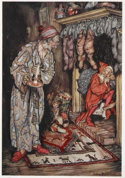 クリスマスイブにプレゼントを届けるサンタクロース 作： Arthur Rackham