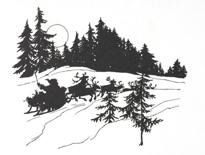 雪に覆われた森をそりで旅する父のクリスマス 作： Arthur Rackham