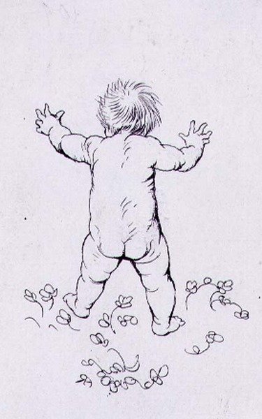 Algernon Charles Swinburne (1837-1909)の「The Springtide of Life, Poems of Childhood」からの挿絵「First Footsteps」。1918年（ペン＆インク）。 作： Arthur Rackham