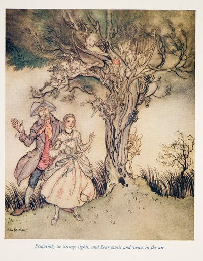 不思議な光景を頻繁に見て、空中で音楽や声を聞きます。WashngtonIrving（1783-1859）のThe Legend of Sleepy Hollowから。 1928 作： Arthur Rackham