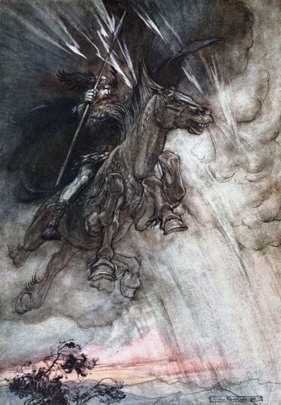 猛烈にウォタンが岩に乗っています。リチャードによるラインゴールドとヴァルキリーのイラスト 作： Arthur Rackham