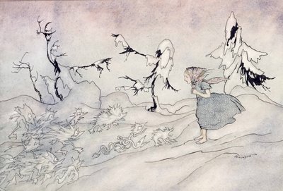 ゲルダは雪の女王の前衛に怯えていますが、彼女は私たちの父を言って、小さな明るい天使たちによって救われました、ハンスクリスチャンアンデルセンによる雪の女王からのイラスト、1932年公開（wc＆i 作： Arthur Rackham