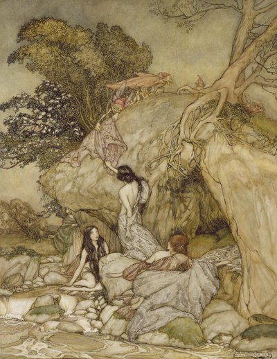 ストリームによる少女、1906年（ペン、インク、トイレ） 作： Arthur Rackham