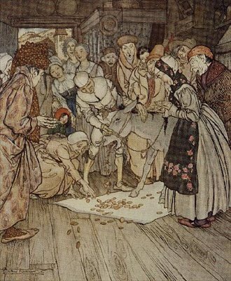グリム童話より「洗濯台、金の尻、棍棒」の挿絵「金のかけらが布の上に落ちてきた 作： Arthur Rackham